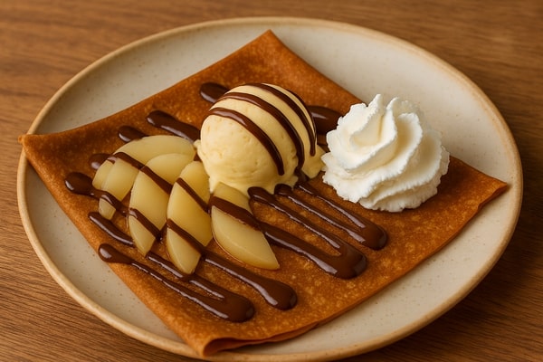 Crêpe poire, chocolat, glace vanille et chantilly